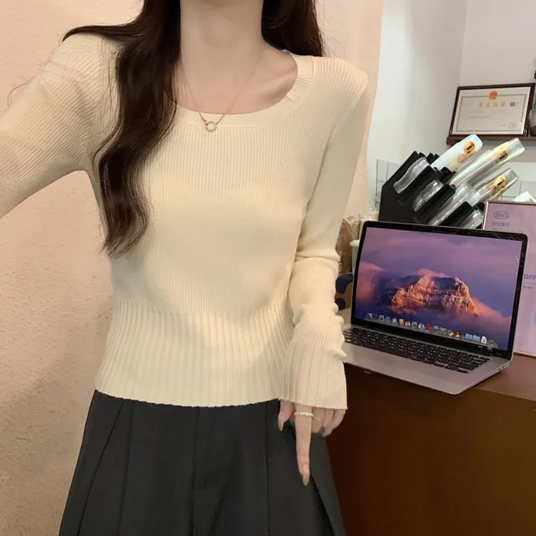 法式方领毛衣女内搭打底衫秋冬修身显瘦小个子短款长袖短款上衣