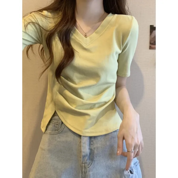 夏季新款v领修身短款辣妹正肩t恤女短袖设计感显瘦小众小个子上衣