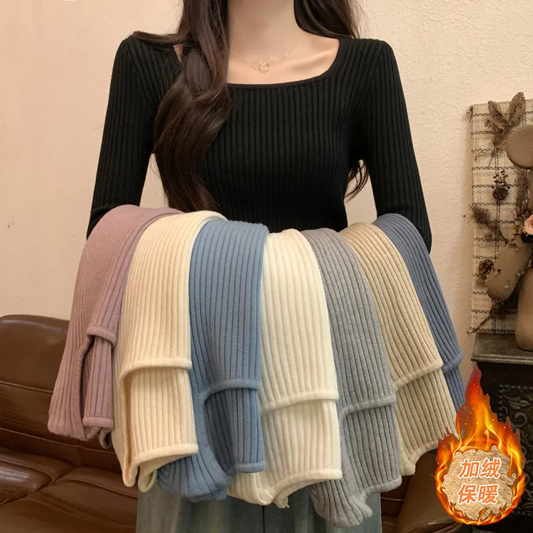 秋冬季加厚一体绒保暖方领修身紧身长袖打底针织衫上衣黑色毛衣女