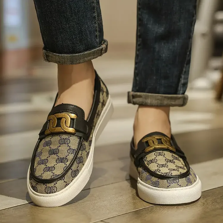 莆田潮牌经典老花男鞋透气一脚蹬板鞋小白鞋休闲百搭豆豆鞋帆布鞋