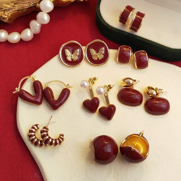 合金无非金属耳饰 时尚高级感复古红色系列耳环小众气质新年款耳