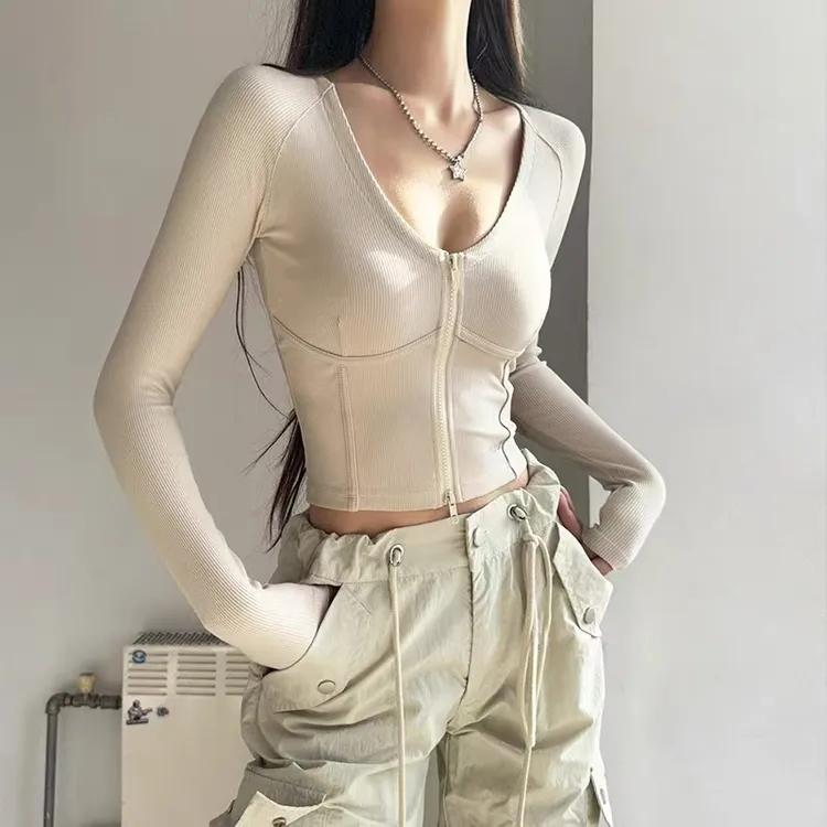 长袖瑜伽服女双拉链V领修身鱼骨显瘦弹力健身跑步透气运动上衣