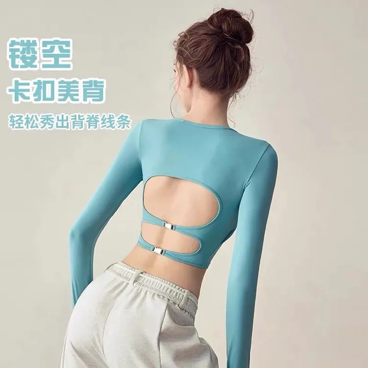 气质性感排扣露背瑜伽长袖健身服运动长袖一体罩杯带胸垫瑜伽上衣