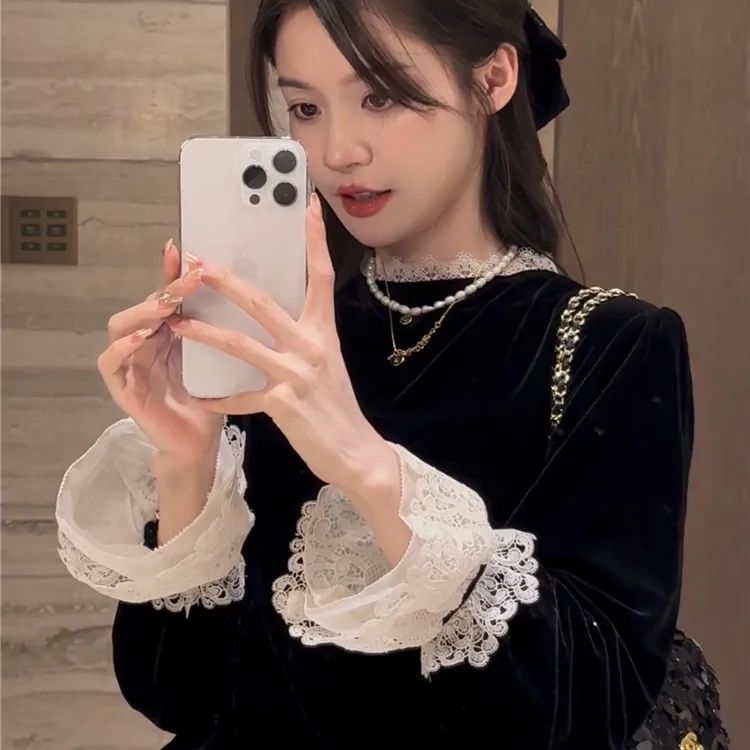 sicily蕾丝花边黑色丝绒衬衫女2024新款洋气内搭打底衫长袖上衣女