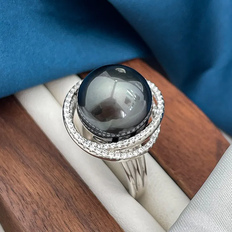 13-14mm鸟巢款大溪地黑珍珠戒指海水高端大气925银多样性发一