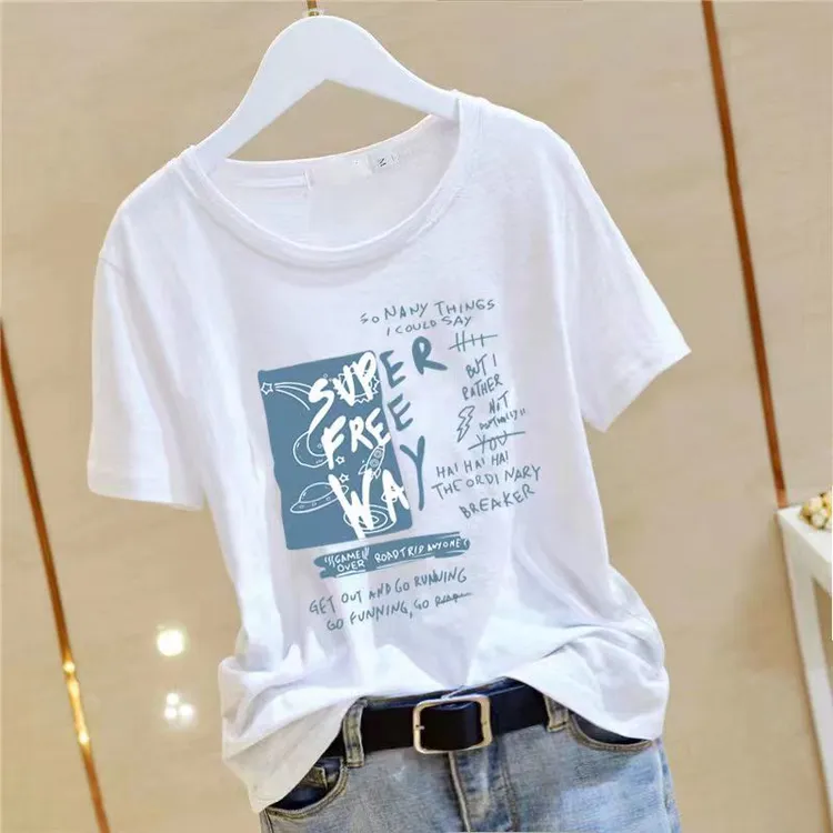 竹节棉100%纯棉t恤女白色韩版宽松大码百搭印花圆领半袖上衣打底