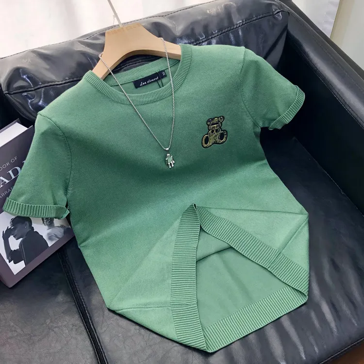 新款针织衫男短袖毛衣圆领修身时尚胸前印花小熊潮流休闲套头衫