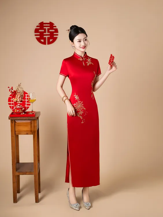 新款喜婆婆高档红色婚礼服醋酸缎微弹双层手工亮片气质长款旗袍