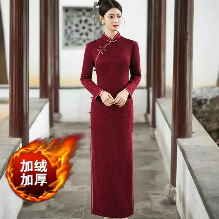 新中式冬款保暖加绒改良旗袍复古高档喜婆婆外嫁女回娘家长款礼服