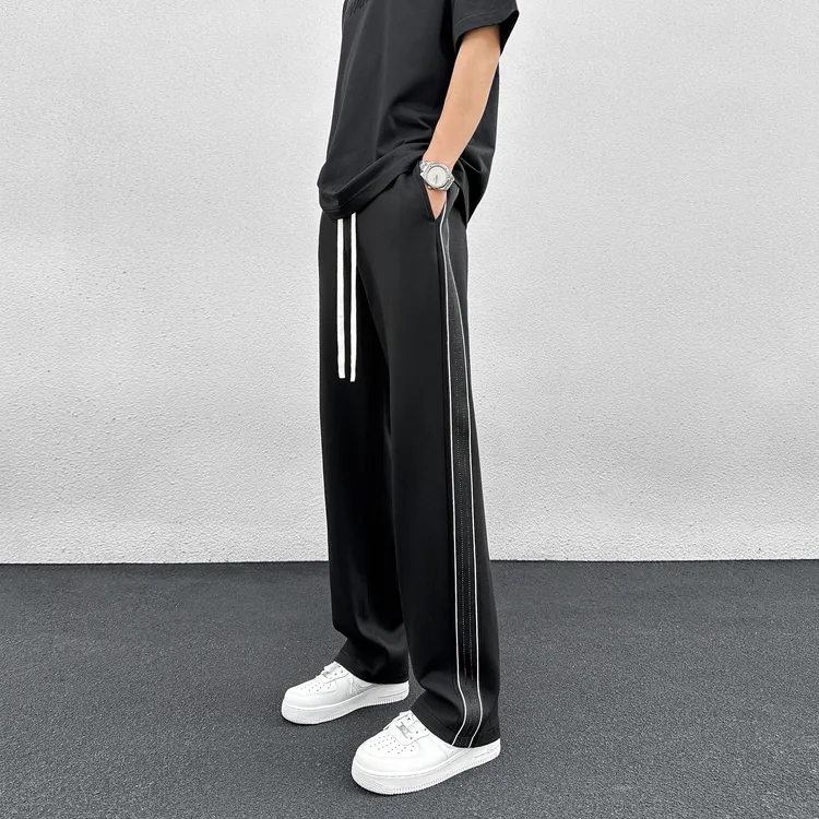 秋冬季潮流高奢休闲运动裤子男士垂感直筒显瘦织带透气钻石条纹裤
