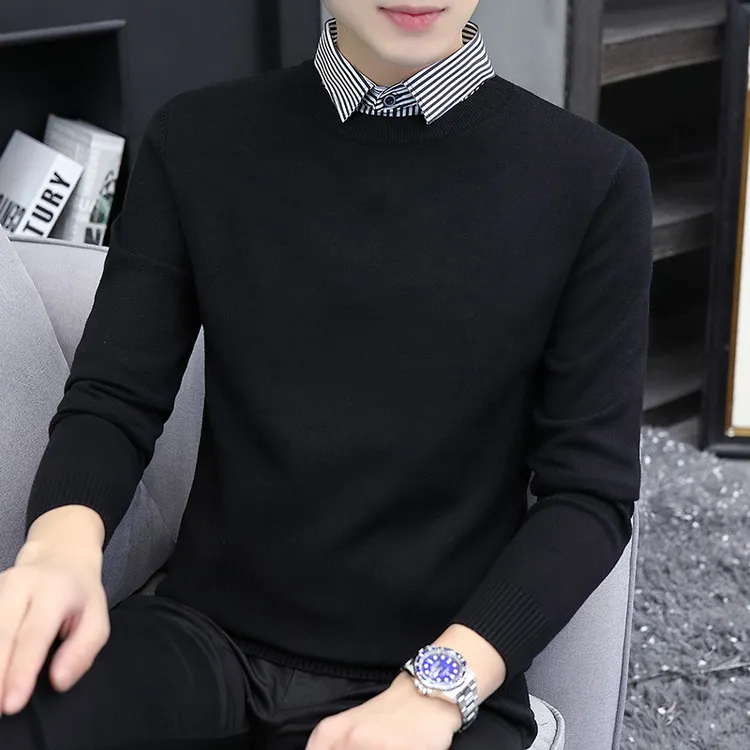 帅气假两件毛衣男士衬衫领2025秋冬季新款休闲长袖针织衫修身潮流
