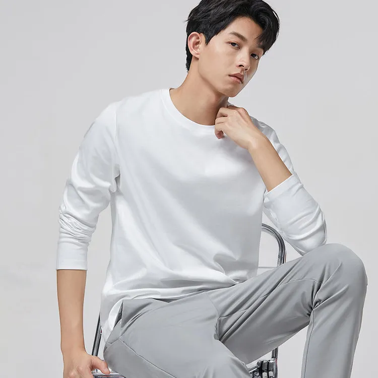 液氨丝光棉长袖t恤男士宽松百搭2025春秋新款休闲打底长袖男款t恤