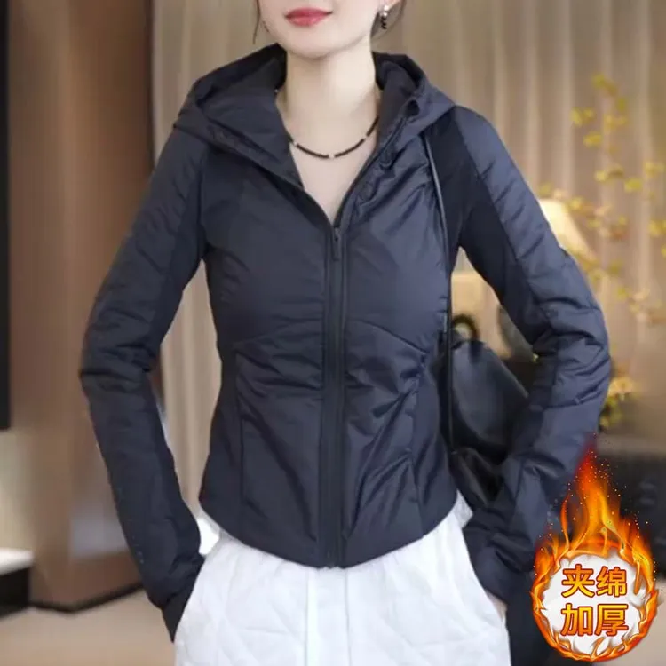 韩版夹绵加厚连帽短外套女2025年秋冬季新款修身气质洋气保暖上衣