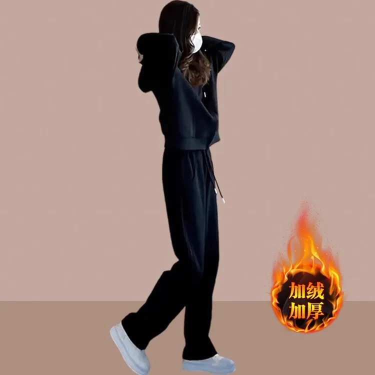 2025秋冬新款女士加绒加厚休闲运动套装卫衣阔腿裤两件套洋气爆款