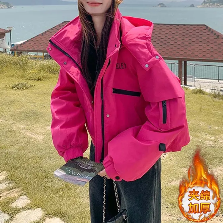 美式高级感纯色冲锋衣外套女2025年秋冬季新款夹绵加厚工装派克服