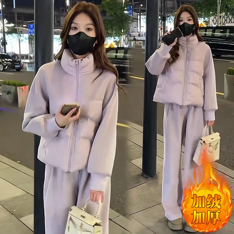 2024秋冬季新款立领时尚减龄棉服女士宽松加绒显瘦阔腿裤百搭套装
