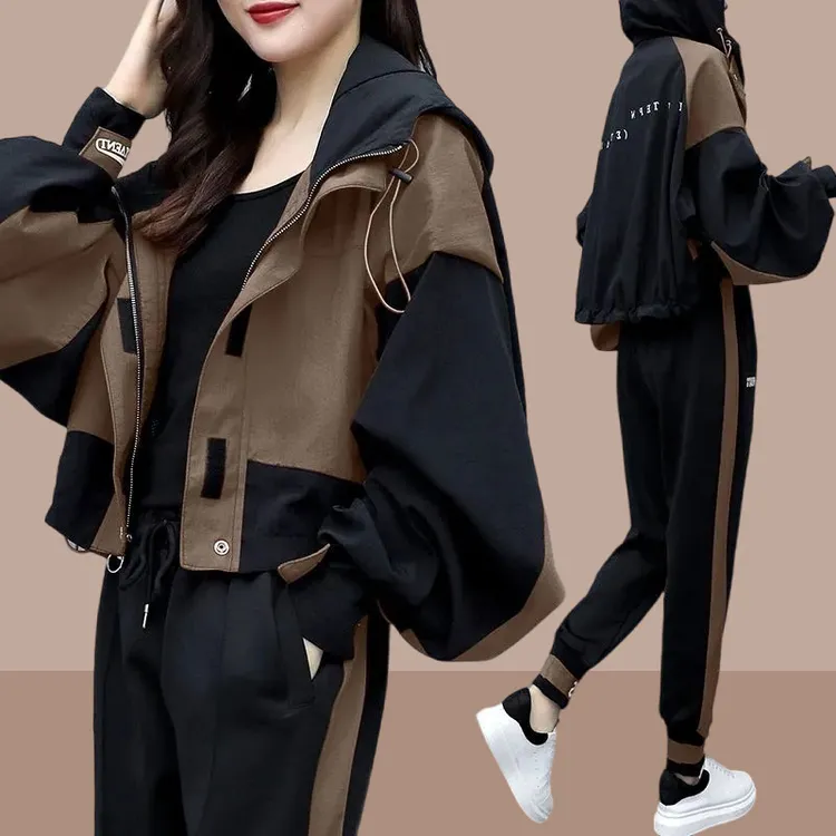 时尚连帽宽松外套女2025春秋新款洋气百搭显瘦束脚裤休闲运动套装