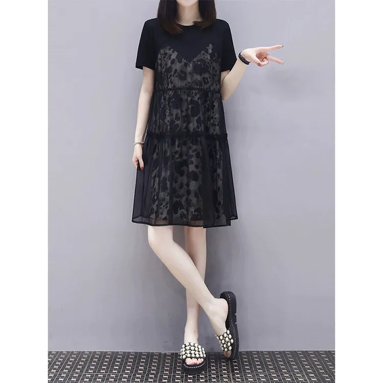 拼接豹纹印花气质连衣裙春秋2024新款高腰宽松显瘦简约休闲a字裙