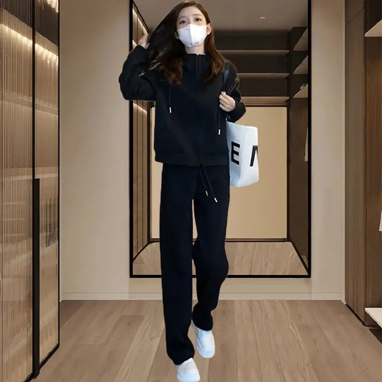 小个子连帽卫衣女士直筒卫裤两件套2025春秋新款宽松休闲运动套装