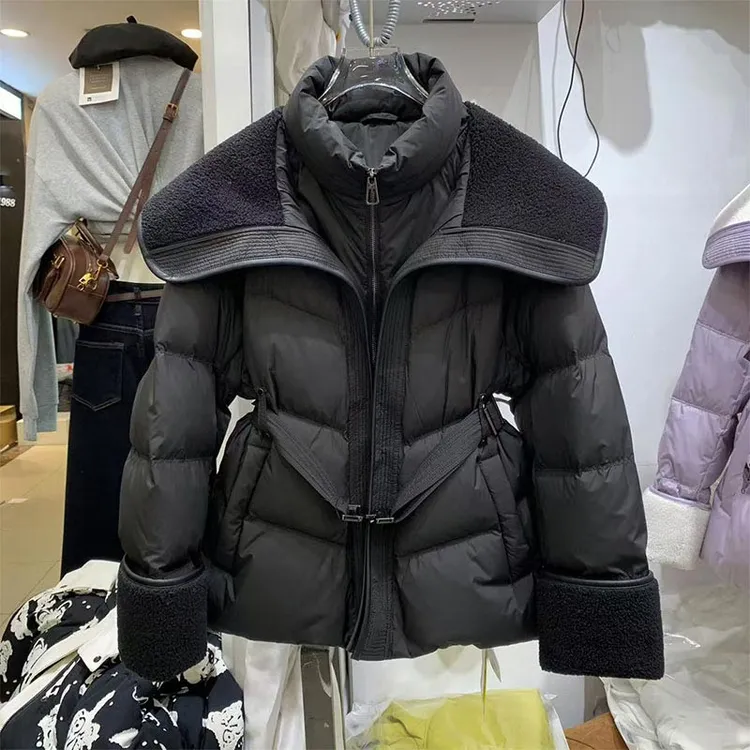 韩版时尚拼接高级感棉服女2024年秋冬季新款休闲系带收腰潮流外套