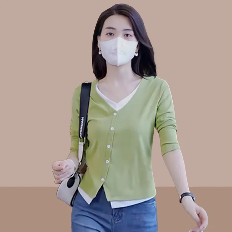 小个子显瘦V领长袖t恤女士2025春秋装新款上衣时尚洋气减龄打底衫