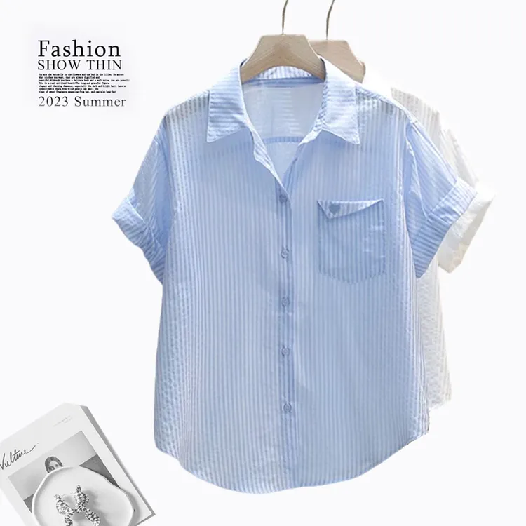 时尚显瘦条纹短袖衬衫女夏季新款洋气宽松POLO领衬衣休闲百搭上衣