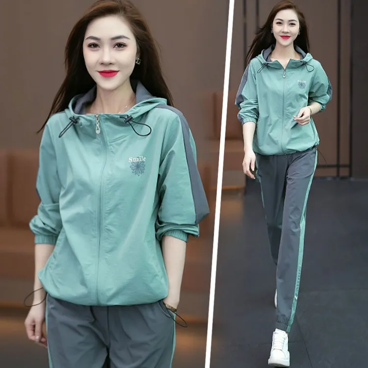 时尚运动服套装女士2025春秋新款休闲小个子连帽外套束脚裤两件套