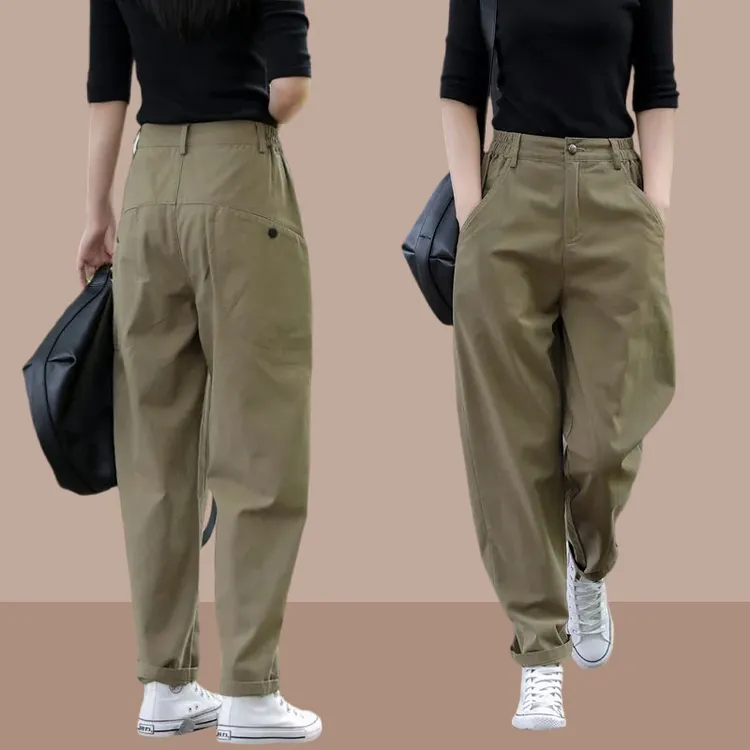 2025春秋季新款女士小脚哈伦裤工装裤萝卜休闲裤九分宽松直筒裤子