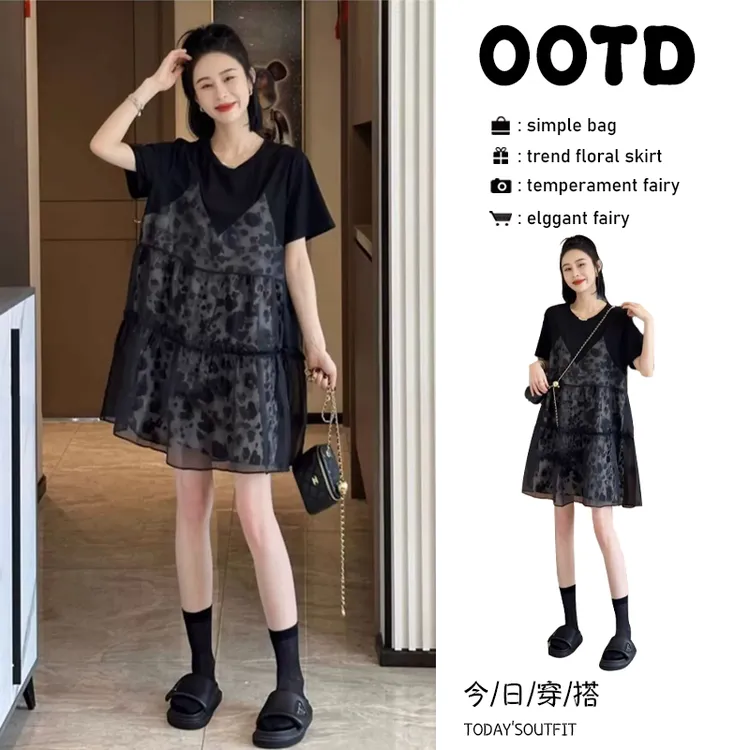 时尚拼接T恤气质假两件连衣裙女士2025夏季新款高腰洋气显瘦a字裙