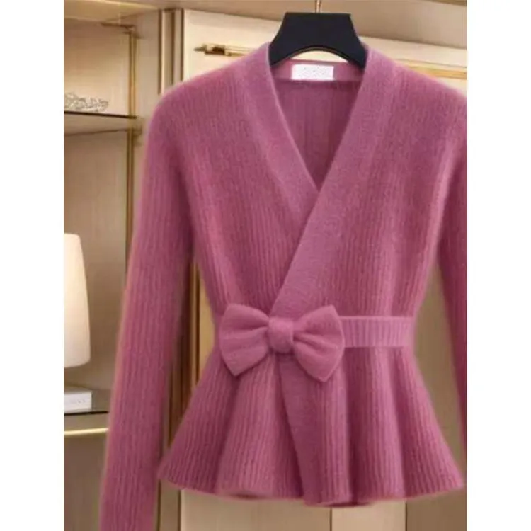 2025年新款小个子春秋穿搭高级感气质名媛收腰玫红色针织毛衣女装
