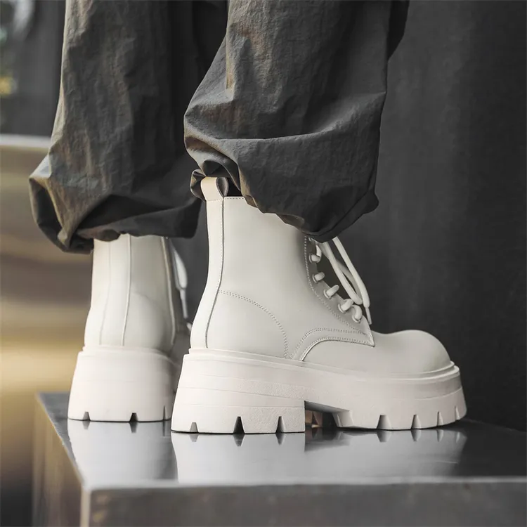 冬季加绒厚底增高机车靴子男白色户外潮款大头马丁靴男高帮工装靴