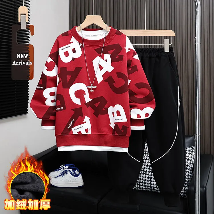 男童套装冬季加绒加厚2024新款中大童潮酷男孩冬装运动假两件洋气