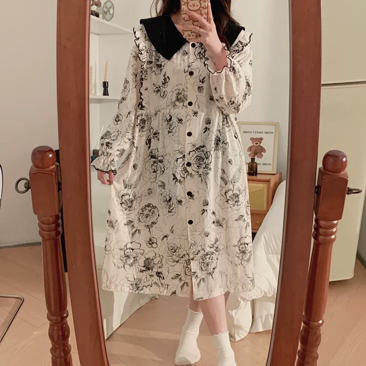 2024新款春季薄款月子裙春夏季甜美皱布孕妇哺乳长袖睡裙怀孕期秋