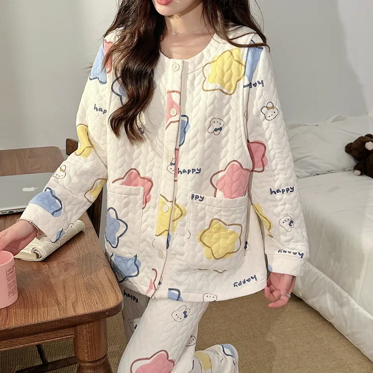 睡衣秋冬装新款圆领空气棉甜美月子服孕妇产后哺乳睡衣秋季套装