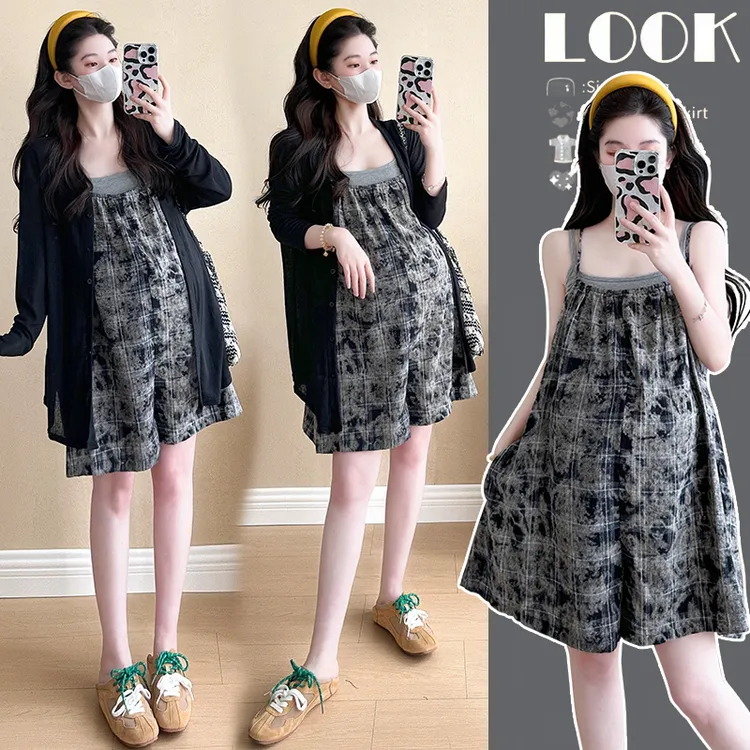 小个子背带阔腿裤孕妇装夏装套装新款宽松遮肚外穿时尚洋气吊带裙