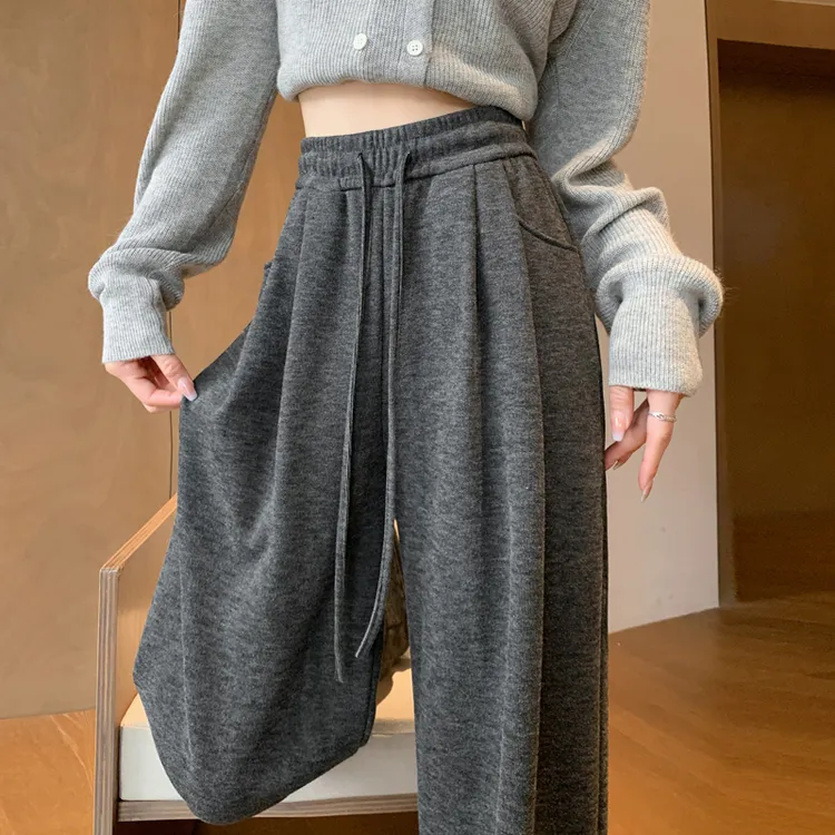 糯米裤女士服装秋冬加绒宽松阔腿裤垂感软糯高腰针织休闲裤子春秋