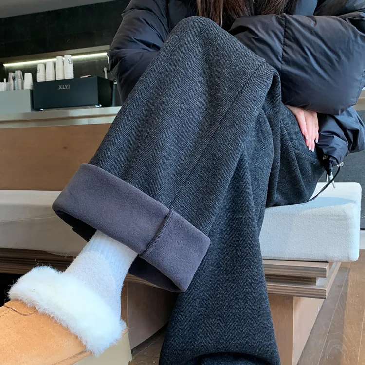 人字纹毛呢阔腿裤女秋冬款黑灰色窄版糯米直筒裤上班通勤加绒裤子