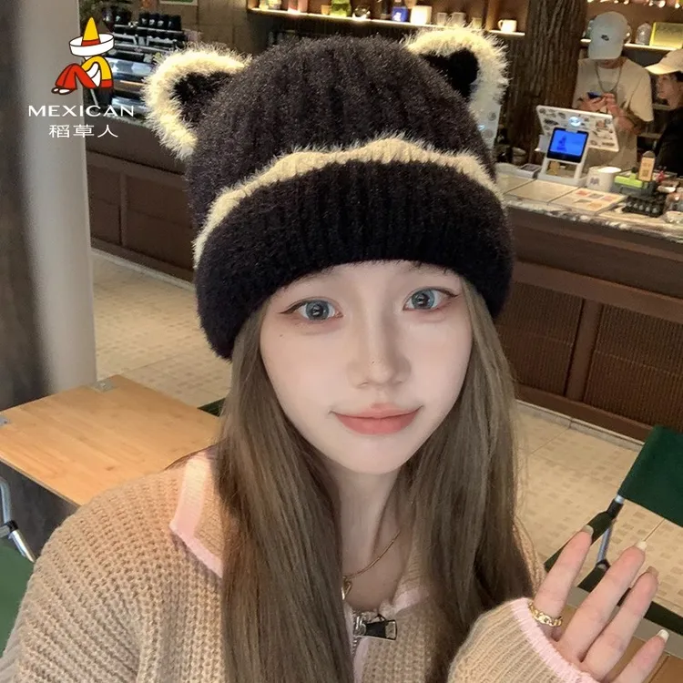 稻草人百搭可爱套头帽子女秋冬日系时尚针织帽保暖护耳毛线帽新款