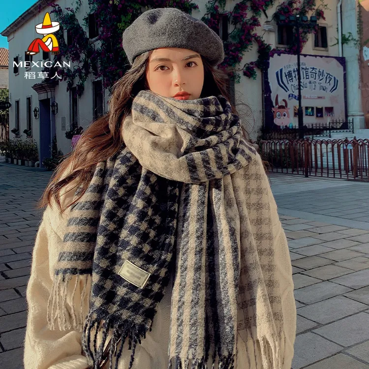 稻草人冬季围巾女爆款保暖围脖千鸟格2025秋冬新款网红款保暖披肩