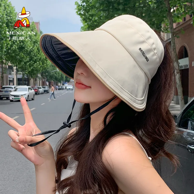 稻草人遮阳帽子女夏季渔夫帽半空顶大帽檐防紫外线遮脸防晒太阳帽