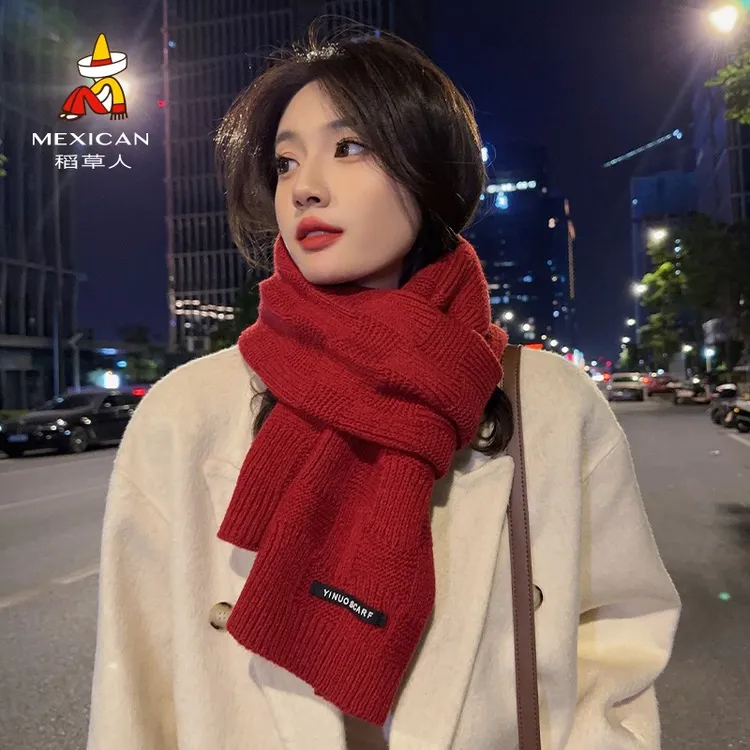 稻草人围巾女秋冬季韩版红色时尚百搭女生学生保暖针织围脖新款厚