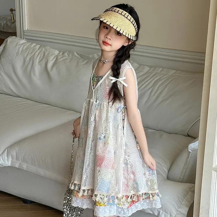 女童连衣裙夏季洋气儿童碎花裙子夏天女孩波西米亚蕾丝吊带沙滩裙