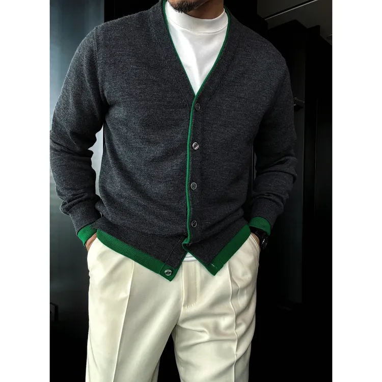 DRUNKCORNER 撞色双层门襟羊毛针织开衫英伦男士