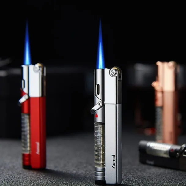 奥麦小长条直冲防风打火机透明仓个性男士礼品