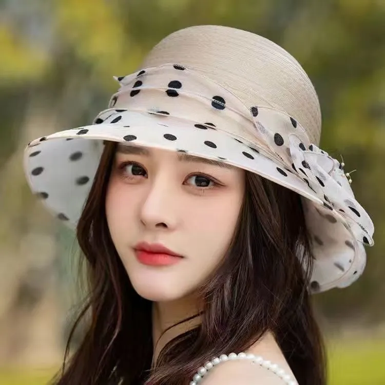 帽子女春夏季遮阳帽欧根纱防晒波点小沿网纱花朵透气女士百搭时尚