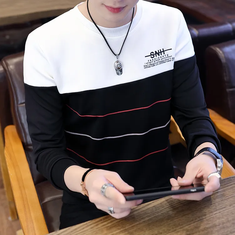 拼色条纹圆领卫衣男款春秋季潮牌休闲穿搭上衣韩版修身长袖体恤衫