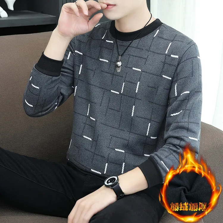 秋冬上新保暖毛衣男装上衣圆领针织衫男士长袖加绒加厚时尚男套头