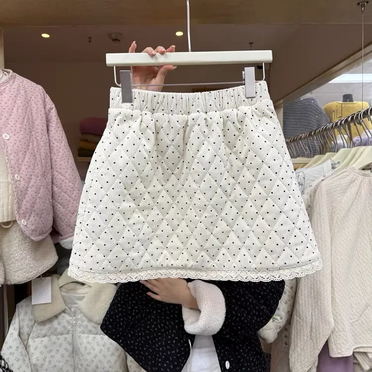 加厚夹棉~韩系波点拼接蕾丝半身裙冬季保暖宽松百搭叠穿短裙屁帘
