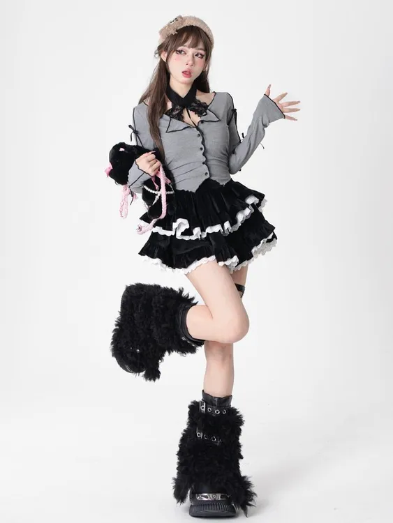 微胖纯欲风秋冬甜辣妹性感撞色蓬蓬蛋糕短裙女装半身裙蕾丝半身裙