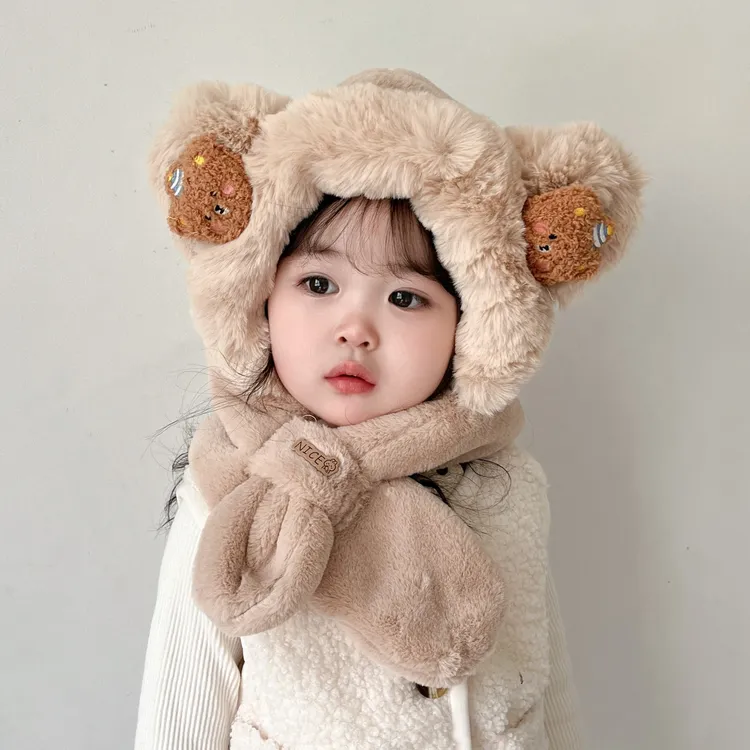 冬季儿童帽子围巾一体男女童加厚保暖毛绒可爱宝宝小熊防风护耳帽